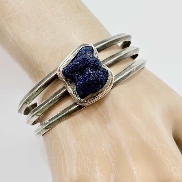Druzy Bracelet, Sterling Silver, Cuff, Designer, Ancient Echoes, Blue Stone - Picture 1 of 6